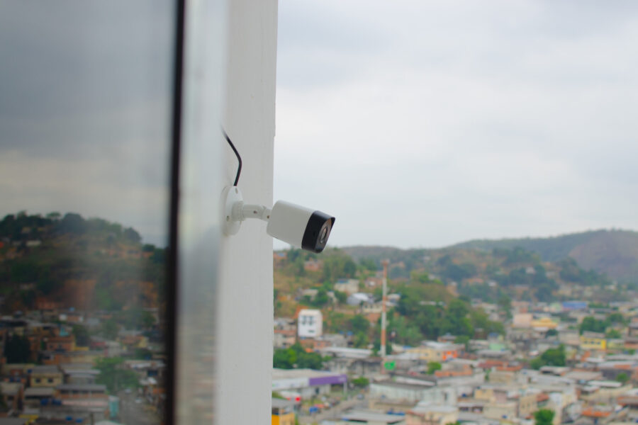Close-up of surveillance camera on porch, watching closely for any suspicious movement. Discreet yet powerful surveillance for a secure home.