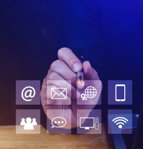 Businessman touching Global network connection digital business hologram, Options for Contact and business intelligence concept, Infograph, technology.